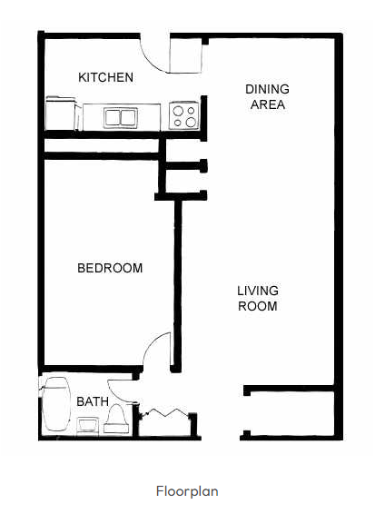 Floor plan for 1 bed, 1 bath, 569 sqft